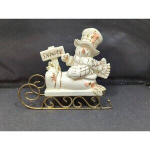 Christmas Porcelain Snowman Riding On A Sled Table Decor